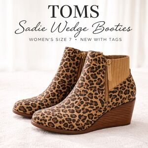 TOMS Sadie Leopard Print Suede Wedge Booties Size 7 NWT 2.75” Heel